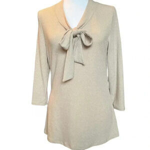Bow Front Beige Blouse by Olivia Blu with Gold Metallic Fabric Dressy Size S